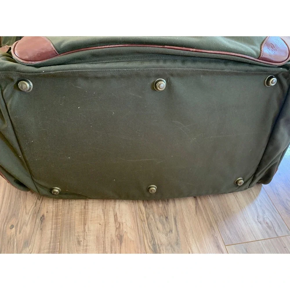 Vintage Cabela's Large Duffle Bag Olive Green Canvas Leather Trim Hunting Travel